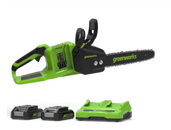 מסור שרשרת נטען 14" עם 2 סוללות 2 אמפר ומטען - Greenworks 48V (2x24V) Brushless